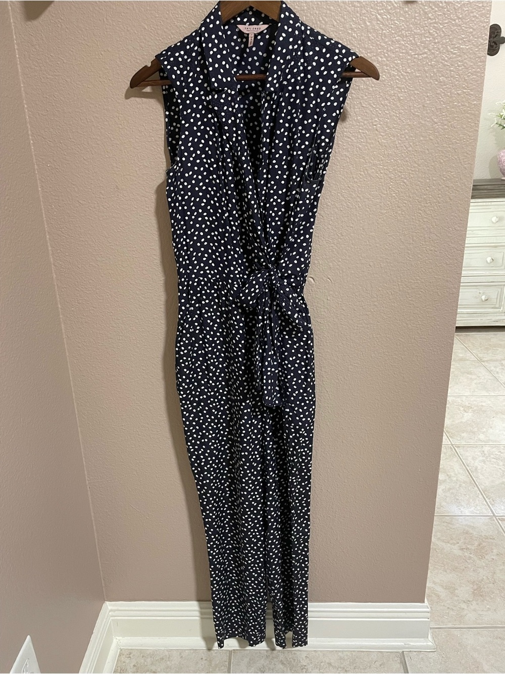 Rebecca Taylor Navy and White silk blend Polka Dot Sleeveless Tie-Front Jumpsuit